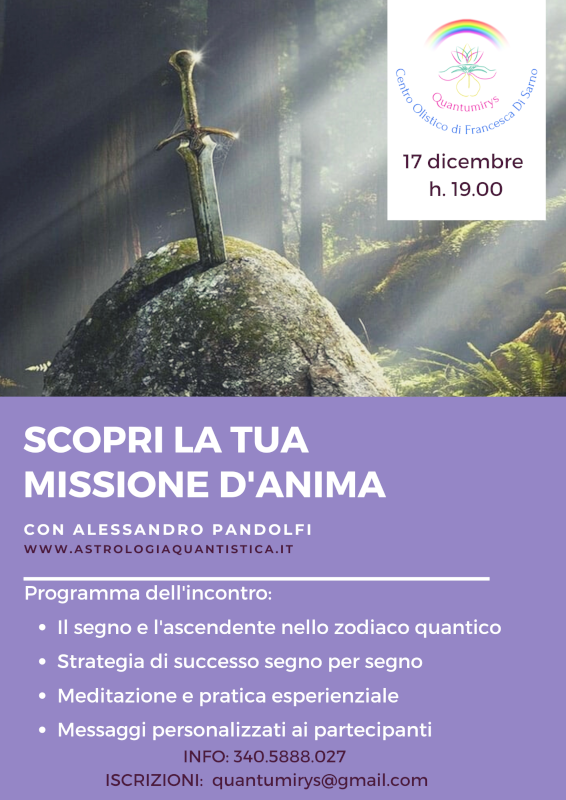 17 dicembre ore 19.00 - SCOPRI LA TUA MISSIONE D'ANIMA  con Alessandro Pandolfi 